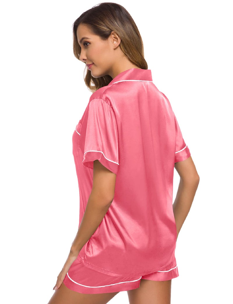 SWOMOG Womens Pajamas Set Silk Satin Sleepwear Short Sleeve Nightwear Button Down Pj Loungewear Coral Red - Image 5